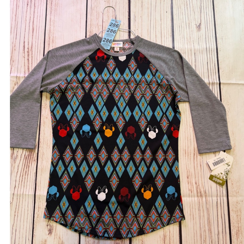 LuLaRoe Disney Randy Baseball Tee XS Gray Argyle Minnie Mouse Raglan‎ Shirt NEW